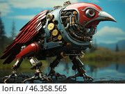 A stunning depiction of a cybernetic bird, created in the style of steampunk or retrofuturism. Its body is made up of complex mechanical parts, gears, wires and metal elements that imitate natural anatomy. The head and part of the body are covered with smooth metal plates in shades of red and blue, and the wings are made of segmented steel plates that resemble feathers. The bird's gaze expresses intelligence and awareness, and its clawed feet look powerful and flexible. The background with a natural landscape emphasizes the contrast between technology and the living world, creating an atmosphere of science fiction. Стоковое AI-изображение, AI-художник Анна Кривицкая / Фотобанк Лори