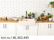 Bowl with water and cute ducklings in kitchen. Стоковое фото, фотограф Pixel_shot / Фотобанк Лори