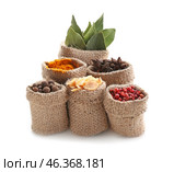 Sacking bags with various spices on white background. Стоковое фото, фотограф Pixel_shot / Фотобанк Лори