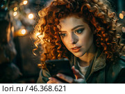 A businesswoman with curly red hair and freckles. She's wearing a coat. In the hands of a smartphone. A small business entrepreneur looks at her mobile phone. Стоковое AI-изображение, AI-художник Photojuli / Фотобанк Лори