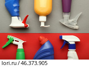 Bottles with detergents on color background, flat lay. Стоковое фото, фотограф Pixel_shot / Фотобанк Лори