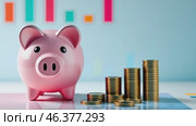 Piggy Bank is on a Financial Chart background, symbolizing savings management. Cheerful pink piggy bank on a blue economy diagram, growing graph. Wealth, profit, investment concept. Save money idea. Стоковое AI-видео, аниматор Марина Демидюк / Фотобанк Лори
