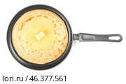 Frying pan with tasty blini on white background. Стоковое фото, фотограф Pixel_shot / Фотобанк Лори