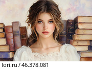 A young girl with expressive blue eyes and delicate features. She is dressed in a white dress with lace details, giving the image romance and sophistication. Her hair is slightly tousled, creating a natural and soft image. The background consists of many old books in leather bindings, which gives the picture an atmosphere of knowledge, intelligence and coziness. The color palette of the image is warm, with delicate pastel shades. Стоковое AI-изображение, AI-художник Анна Кривицкая / Фотобанк Лори
