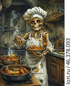 An unusual and grotesque image – a skeleton chef in an old kitchen. He is dressed in a white cap and apron stained with a white apron, holding a plate of fried food in his bony hands. His empty eye sockets glow with an eerie orange light, giving the scene a mystical atmosphere. Around him, cauldrons with various dishes filled with tomatoes, vegetables and meat are bubbling and exuding aromas. The kitchen looks vintage and slightly neglected, with wooden shelves, old ceramic pots and kitchen tools hanging on the walls. Steam hovers in the air, giving the scene a lively effect. Стоковое AI-изображение, AI-художник Анна Кривицкая / Фотобанк Лори