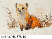 A watercolor illustration of a small forest animal - a sable or marten, sitting in a winter landscape. The animal has fluffy fur, a bright reddish-brown color with a white throat and black paws. It looks curious and cute, with large black eyes that reflect the light. The background is done in soft pastel colors, with dry branches peeking out from under the snow. Watercolor strokes create a light and airy texture to the image. Стоковое AI-изображение, AI-художник Анна Кривицкая / Фотобанк Лори