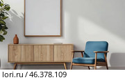 Frame mock-up. Poster mockup. Latest Trends in Modern Living Room. Minimalist Bohemian Furniture styles. Stylish home minimal design with a wooden cabinet, cozy blue chair. Boho interior, rustic decor. Стоковое AI-видео, аниматор Марина Демидюк / Фотобанк Лори