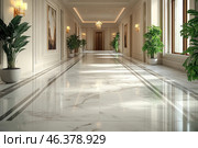 A luxurious and elegant hallway in a classic style. The floor is made of white marble with gray veins and neat geometric lines along the passage. The walls are finished with light panels with decorative moldings and decorated with art paintings in gold or wooden frames. The interior is illuminated by exquisite wall sconces with warm light and a central chandelier with crystal elements, adding shine and elegance. Tall green plants in white pots are located along the walls, giving the interior freshness and harmony. Large windows on the right fill the space with natural light, creating a cozy and airy atmosphere. Стоковое AI-изображение, AI-художник Анна Кривицкая / Фотобанк Лори