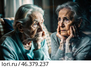 Minimalism. Portrait of an old elderly woman, a pensioner, a concept of the life of the elderly, health, loneliness and memory loss. Стоковое AI-изображение, AI-художник Photojuli / Фотобанк Лори