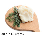 Board with lard and herbs on white background. Стоковое фото, фотограф Pixel_shot / Фотобанк Лори