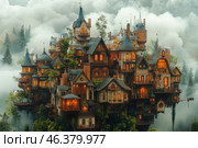 A fairytale town made up of many houses tightly packed together. The houses have a complex architecture with sloping roofs, wooden balconies, spires and brick walls. Warm lights shine in the windows of the houses, creating a cozy atmosphere. The town is located on a hill surrounded by thick fog, giving the scene a mystical and magical look. Trees and greenery are visible all around, partially covering the buildings. The whole landscape resembles fantasy worlds or medieval magical settlements. Стоковое AI-изображение, AI-художник Анна Кривицкая / Фотобанк Лори