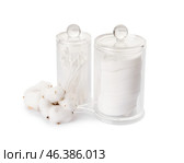 Cotton cosmetic pads and swabs on white background. Стоковое фото, фотограф Pixel_shot / Фотобанк Лори