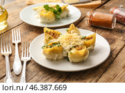 Plate with tasty conchiglioni pasta on table. Стоковое фото, фотограф Pixel_shot / Фотобанк Лори