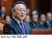 Asian politician gives a speech from the podium. Стоковое AI-изображение, AI-художник Евгений Харитонов / Фотобанк Лори
