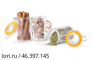 Jars with different spices on white background. Стоковое фото, фотограф Pixel_shot / Фотобанк Лори