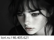 A young woman with a soft, thoughtful expression. She has thick hair with bangs that partially cover her forehead. Her face is decorated with freckles, and her gaze is focused and deep, as if she is deep in thought. The photo is taken in black and white, which gives it elegance and intimacy. Стоковое AI-изображение, AI-художник Анна Кривицкая / Фотобанк Лори