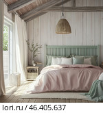 Cozy bedroom with a modern interior. The room is dominated by a light and delicate color palette with elements of pastel shades. The bed has a soft, pink bedspread and many pillows neatly arranged on it. A window that lets in daylight adds natural light to the room, and in the corner there is a decorative plant. Also visible are the wooden flooring and interior elements made of natural materials, such as storage baskets. Стоковое AI-изображение, AI-художник Анна Кривицкая / Фотобанк Лори