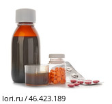 Cough medicines on white background. Стоковое фото, фотограф Pixel_shot / Фотобанк Лори