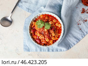 Bowl with tasty pasta and beans on table. Стоковое фото, фотограф Pixel_shot / Фотобанк Лори