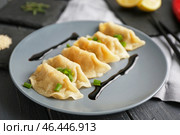 Тарелка с вкусной японской гёдзой и соусом на столе. Стоковое фото, фотограф Pixel_shot / Фотобанк Лори