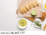 Вкусная японская гёза и соус на белом фоне. Стоковое фото, фотограф Pixel_shot / Фотобанк Лори