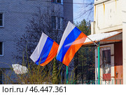 Городской пейзаж. Флаги России нащ входом в ТСЖ "Сосна". Воронеж. Редакционное фото, фотограф Владимир Шибаев / Фотобанк Лори