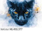 Black panther in artistic watercolor painting style. Her face takes up the entire center of the composition, and her gaze is piercing and hypnotizing, with bright orange eyes standing out against the dark fur. Deep shades of blue and black add drama and mystery to the painting, while abstract brushstrokes and splashes of paint enhance the artistic expressiveness. Стоковое AI-изображение, AI-художник Анна Кривицкая / Фотобанк Лори