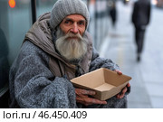 Houseless man with a begging box on the street. Стоковое AI-изображение, AI-художник Евгений Харитонов / Фотобанк Лори