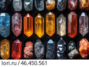 A collection of crystals and minerals of various colors and shapes, neatly laid out in a special cell box. Among them, transparent, orange, red, blue and black crystals stand out, some of which have an ideal faceted shape, while others look natural and unprocessed.The light reflects on the surface of the crystals, creating a play of glare and emphasizing their structure. The purity, saturation of shades and transparency of the stones give the composition aesthetic value. This can be a collection of mineralogical samples or magic stones used in esotericism. Стоковое AI-изображение, AI-художник Анна Кривицкая / Фотобанк Лори