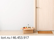 Продукты оставленные курьером службы доставки еды возле двери. Концепция эпидемии. Стоковое фото, фотограф Pixel_shot / Фотобанк Лори