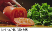 Preparation of Fresh Tomato and Lettuce Ingredients for Delicious and Healthy Meals. Стоковое видео, видеограф Владимир Ковальчук / Фотобанк Лори