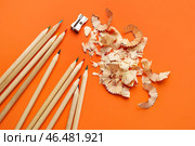 Цветные карандаши, точилка и стружка на оранжевом фоне. Стоковое фото, фотограф Pixel_shot / Фотобанк Лори