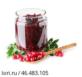 Баночка с вкусным брусничным вареньем и свежими ягодами на белом фоне. Стоковое фото, фотограф Pixel_shot / Фотобанк Лори