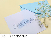 Открытка с текстом DANKE SCHON, конвертом и цветами на бежевом фоне. Стоковое фото, фотограф Pixel_shot / Фотобанк Лори