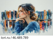 A young girl with beautiful features, sitting in a library or next to a bookshelf. Her gaze is directed to the side, she is thoughtfully leaning on her hand, creating an atmosphere of dreaminess and reflection. Her hair is styled in a light, careless bun with strands sticking out, and her clothes are a cozy sweater in a deep blue shade. The background consists of old books arranged on shelves, with warm, rich colors of brown, blue and orange shades. The work is done in watercolor technique, giving the image softness and artistic expressiveness. Стоковое AI-изображение, AI-художник Анна Кривицкая / Фотобанк Лори