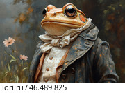 Anthropomorphic toad in an elegant period costume reminiscent of 19th century fashion. It has large expressive eyes with a golden hue, a slightly raised head and a proud posture, which creates a sense of aristocracy. The toad is dressed in a dark blue tailcoat with a floral pattern, a snow-white shirt with lace and a huge bow. The texture of the fabric looks aged, with slight abrasions, which gives the image a vintage aesthetic. The background is soft, warm, with muted shades and barely noticeable colors, creating a romantic mood. Стоковое AI-изображение, AI-художник Анна Кривицкая / Фотобанк Лори