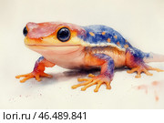A colorful salamander or newt with large expressive eyes. Its body is covered in rich shades of blue, orange and red, smoothly merging into each other. The back is decorated with golden spots, creating a glowing effect. The work is done in watercolor, which gives the image lightness and naturalness. The background is minimalistic, emphasizing the main character and his bright colors. The amphibian looks friendly and a little fabulous. Стоковое AI-изображение, AI-художник Анна Кривицкая / Фотобанк Лори