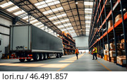 Industrial chic warehouse interior with a loaded tractor-trailer, busy workers in high-visibility vests and steel shelving racks stretching towards the ceiling, capturing the essence of modern logistics. Стоковое AI-изображение, AI-художник Iva Noel / Фотобанк Лори