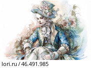 Depicts an 18th-century aristocrat in elegant attire. He is dressed in a blue doublet with gold trim, a snow-white shirt with a lace jabot, and a tall hat decorated with flowers and feathers. The easy, relaxed pose conveys a thoughtful, perhaps melancholic mood. The background is done in soft pastel colors, with washed-out colors and an airy texture, which gives the image the lightness and sophistication characteristic of Romanticism and Rococo. Стоковое AI-изображение, AI-художник Анна Кривицкая / Фотобанк Лори