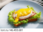 Вкусное яйцо Бенедикт на тарелке, крупным планом. Стоковое фото, фотограф Pixel_shot / Фотобанк Лори
