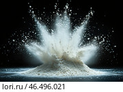 A dramatic moment of explosion or dispersion of white powder reminiscent of flour, powdered sugar or talc. The splash of particles creates a dynamic composition against a contrasting black background, making each speck of dust visible. Light emphasizes the texture and airiness of the substance, giving the scene a slow-motion effect and artistic expressiveness. Стоковое AI-изображение, AI-художник Анна Кривицкая / Фотобанк Лори