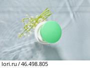 Баночка сливок и цветы ландыша в воду на сером фоне. Стоковое фото, фотограф Pixel_shot / Фотобанк Лори