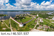 Aerial top view of ancient Kirillo Belozersky Monastery, fortress and lake Siverskoye on sunny summer day. Panoramic view to Church of the Transfiguration. Holy places, Kirillov, Vologda region Russia. Стоковое фото, фотограф Алексей Ширманов / Фотобанк Лори