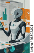 Robot analyzing data and charts on digital tablet. Стоковое AI-видео, аниматор Юрий Поздников / Фотобанк Лори