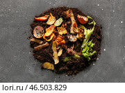 Органические отходы и почва на сером грубом фоне. Концепция компостирования и переработки. Стоковое фото, фотограф Pixel_shot / Фотобанк Лори