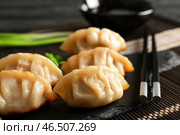 Вкусная японская гёза на грифельной тарелке, крупным планом. Стоковое фото, фотограф Pixel_shot / Фотобанк Лори