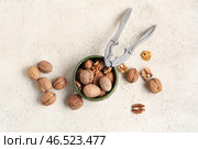 Миска с вкусными грецкими орехами и орехокол на белом фоне. Стоковое фото, фотограф Pixel_shot / Фотобанк Лори