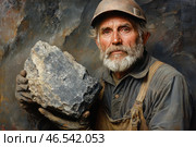 An elderly miner with a thick gray beard, dressed in work clothes and a hard hat. His face is dirty with dust and time, but his eyes show the fortitude and wisdom of his years. In his hands he holds a large piece of ore or stone, demonstrating the result of his labor. The background is done in dark, earthy tones, creating the atmosphere of a mine or quarry. The painting conveys a sense of hard physical labor, dedication to the profession and fortitude. Стоковое AI-изображение, AI-художник Анна Кривицкая / Фотобанк Лори
