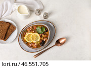 Тарелка вкусного супа "Ходжподж" на светлом фоне. Стоковое фото, фотограф Pixel_shot / Фотобанк Лори