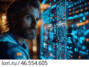 A middle-aged man with expressive blue eyes and a well-groomed beard. He stares intently at a large digital screen with holographic interfaces filled with complex diagrams, data, and technical elements. The lighting creates a futuristic atmosphere, with blue and orange tones predominating.The setting hints at a high-tech environment – ​​perhaps a control center, a medical center of the future, or a research lab. The overall style of the image is reminiscent of stills from science fiction films, conveying a sense of progress, analytical thinking, and technological development. Стоковое AI-изображение, AI-художник Анна Кривицкая / Фотобанк Лори